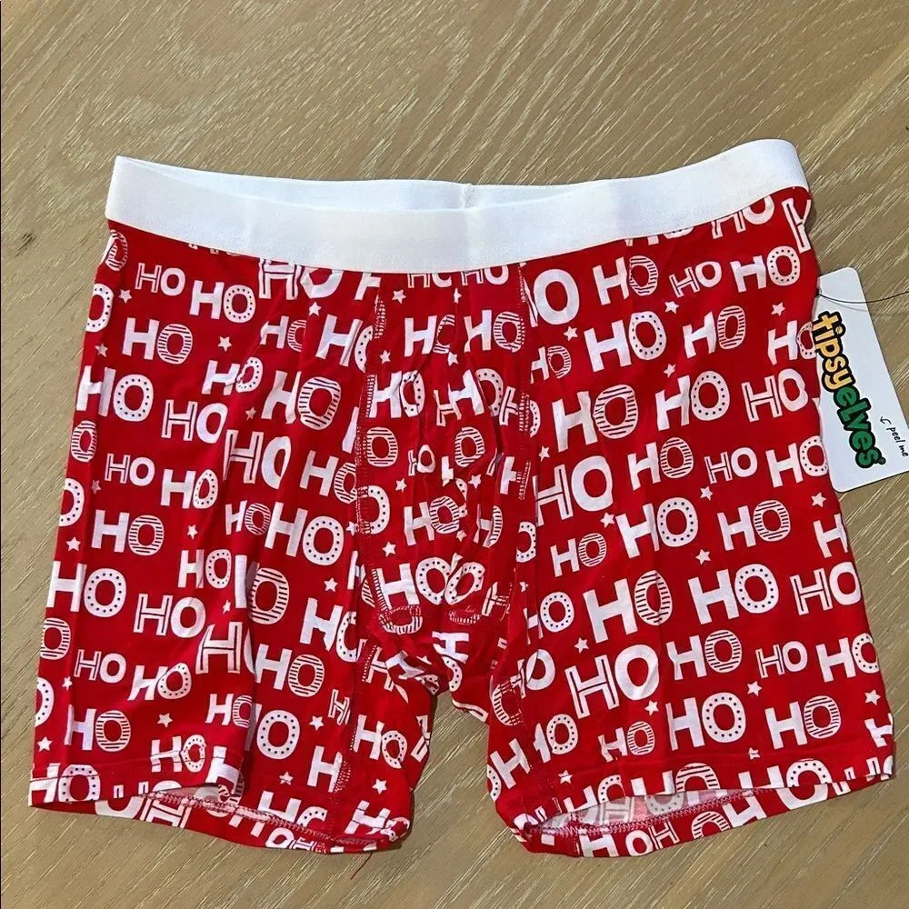 Tipsyelves MEN'S HO HO HO BOXER BRIEFS, Holiday Red/White, Size Large, NWT